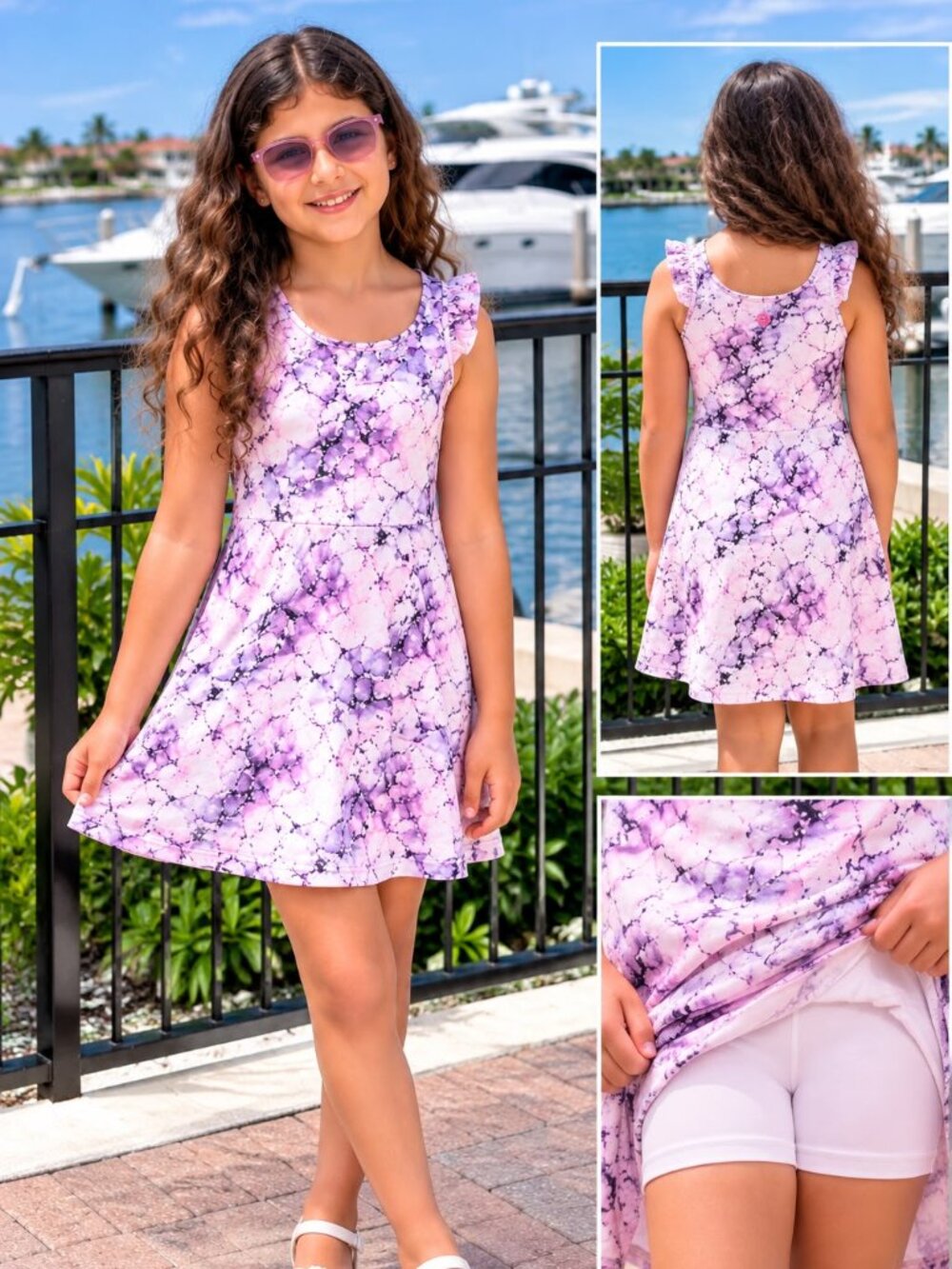 GIRLS MARBLE PRINT ATHLETIC DRESS WITH BUILT IN SHORTS